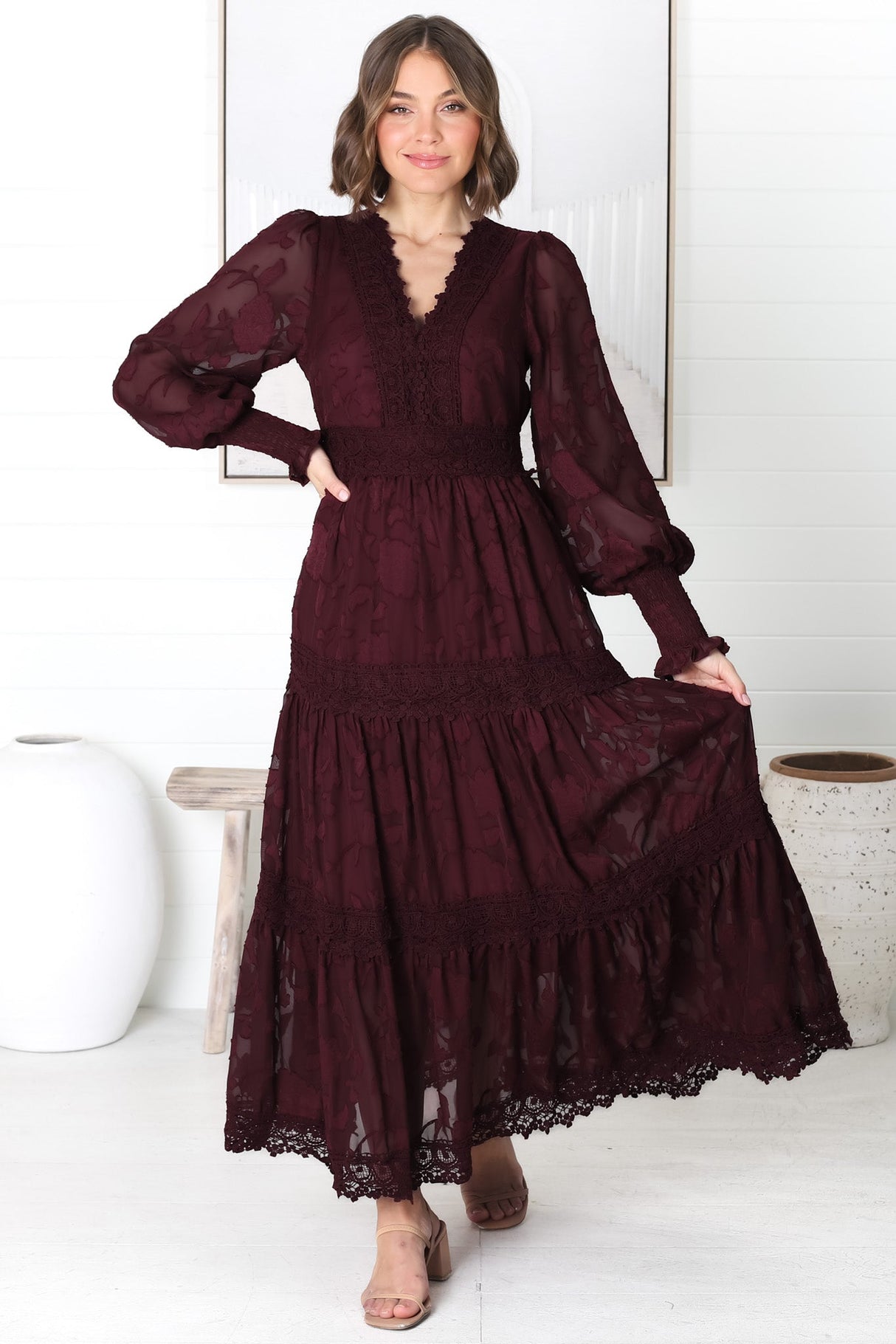 Rouge Maxi Dress - Lace Overlay Tiered Dress in Wine