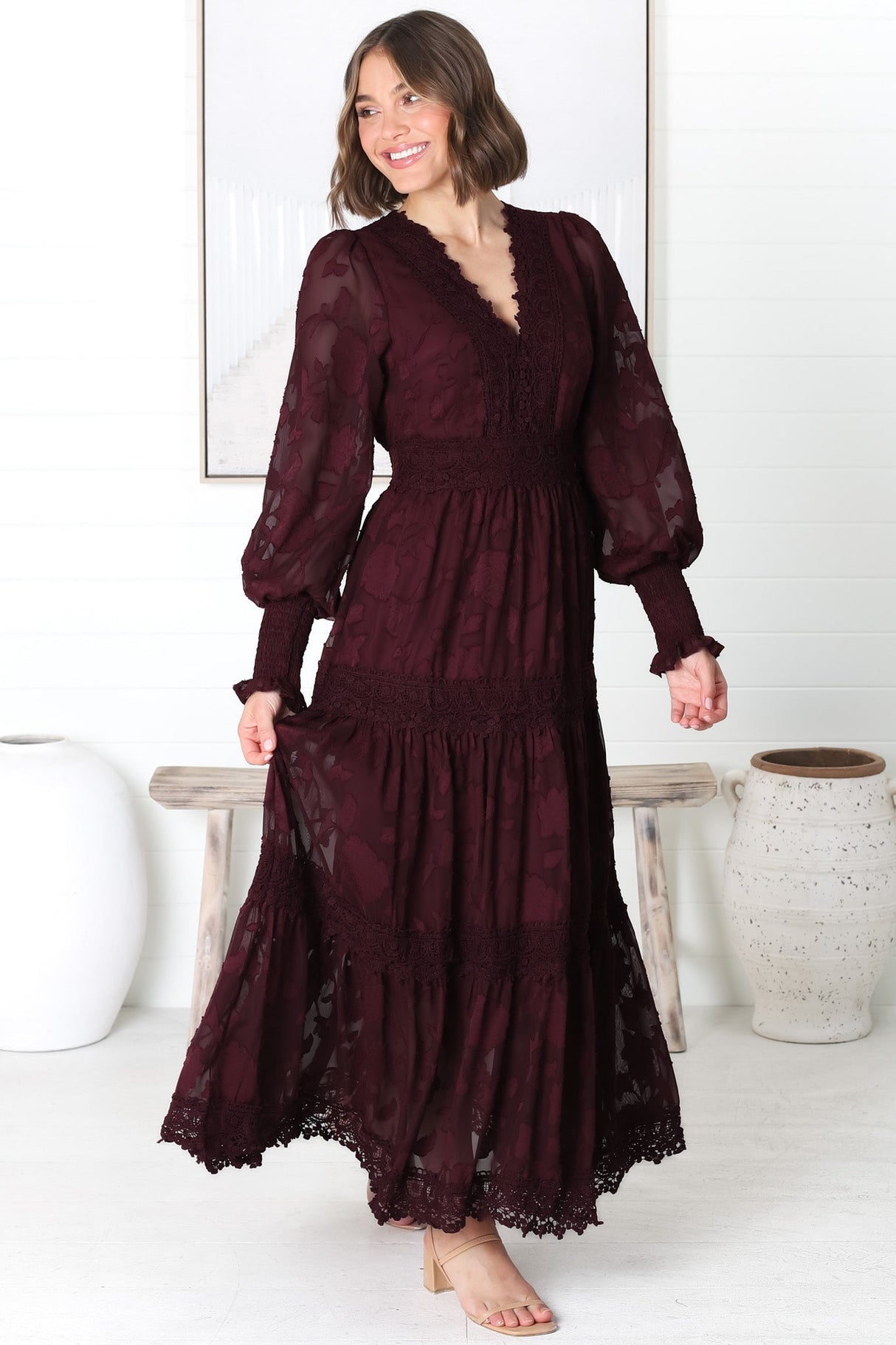 Rouge Maxi Dress - Lace Overlay Tiered Dress in Wine