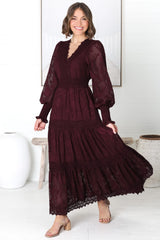 Rouge Maxi Dress - Lace Overlay Tiered Dress in Wine