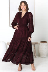 Rouge Maxi Dress - Lace Overlay Tiered Dress in Wine