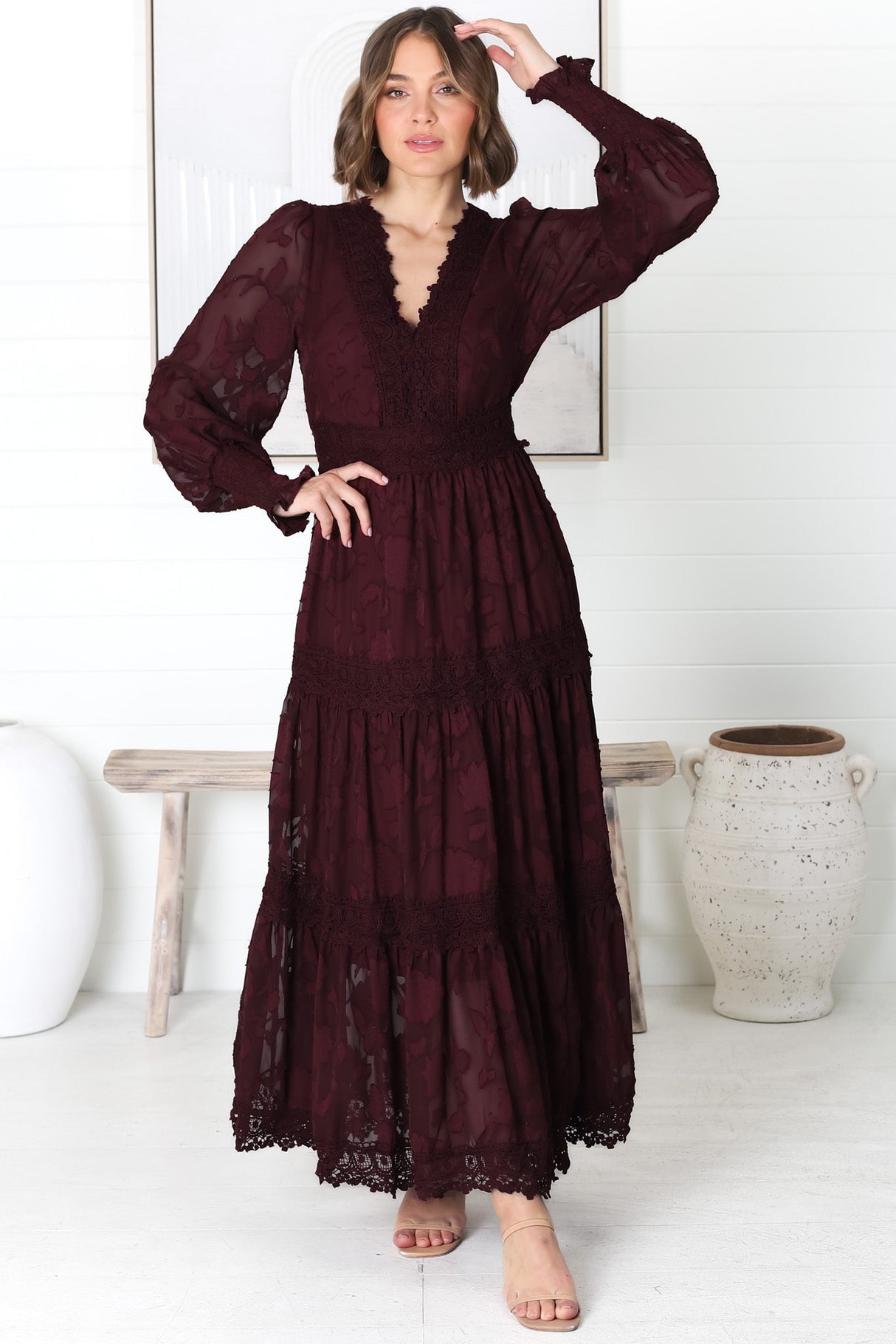 Rouge Maxi Dress - Lace Overlay Tiered Dress in Wine