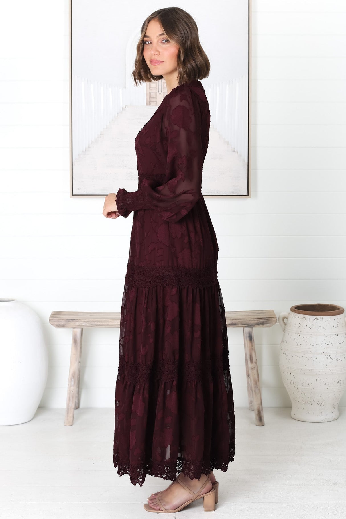 Rouge Maxi Dress - Lace Overlay Tiered Dress in Wine