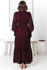 Rouge Maxi Dress - Lace Overlay Tiered Dress in Wine