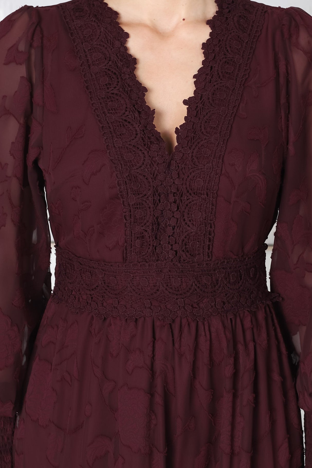 Rouge Maxi Dress - Lace Overlay Tiered Dress in Wine