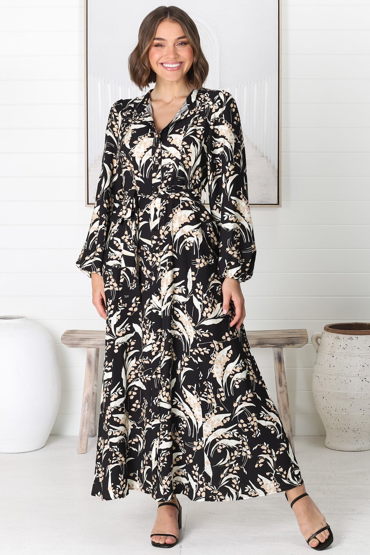 Rossa Maxi Dress: Button Down A Line Dress with Belt in Rejina Print