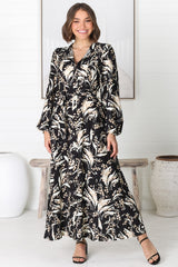 Rossa Maxi Dress: Button Down A Line Dress with Belt in Rejina Print