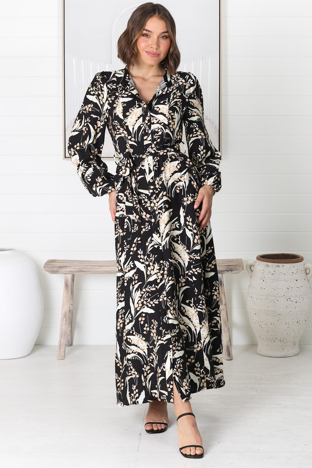 Rossa Maxi Dress: Button Down A Line Dress with Belt in Rejina Print