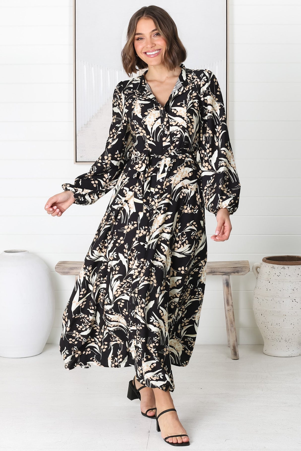 Rossa Maxi Dress: Button Down A Line Dress with Belt in Rejina Print