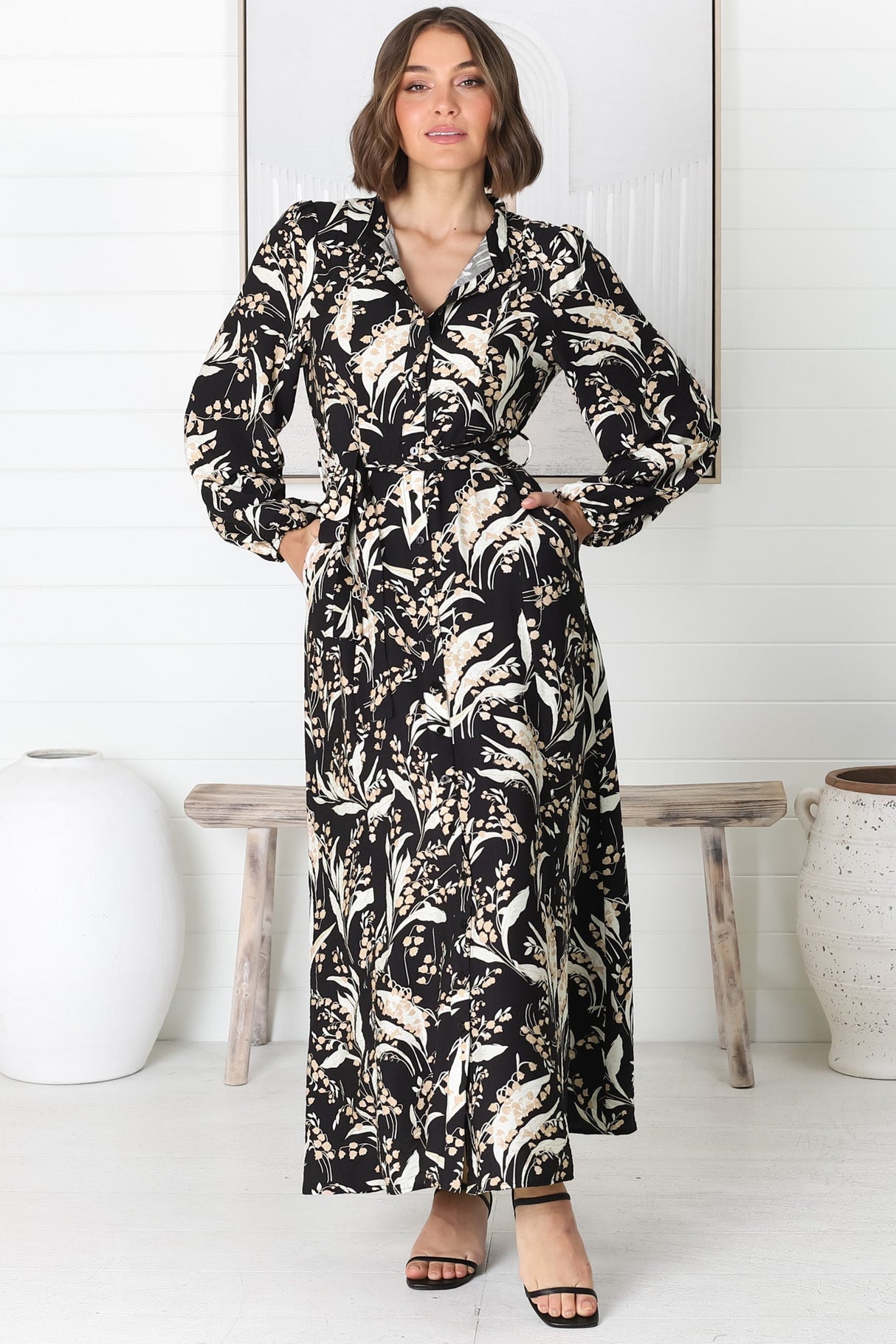 Rossa Maxi Dress: Button Down A Line Dress with Belt in Rejina Print