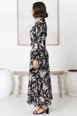 Rossa Maxi Dress: Button Down A Line Dress with Belt in Rejina Print