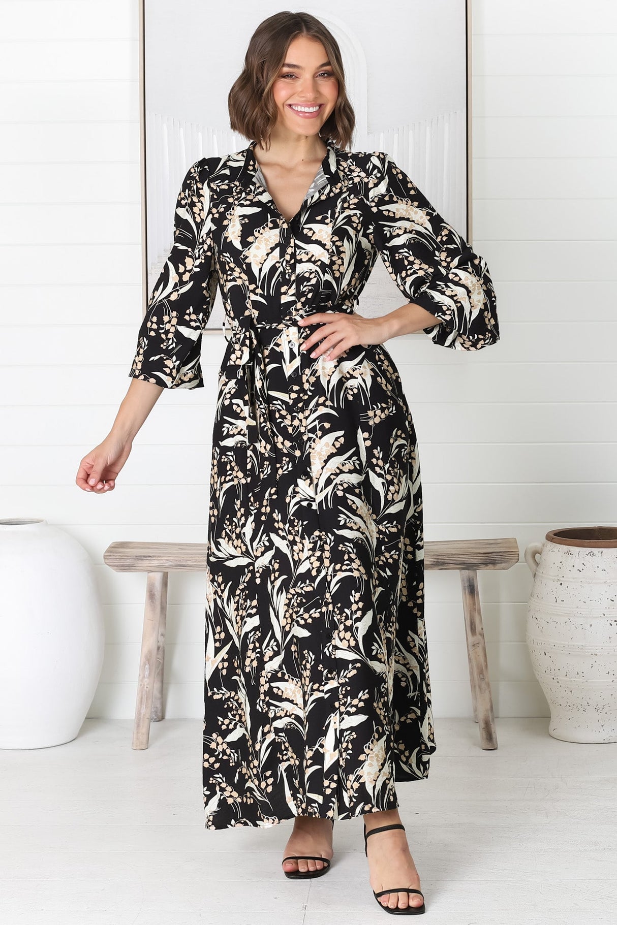 Rossa Maxi Dress: Button Down A Line Dress with Belt in Rejina Print