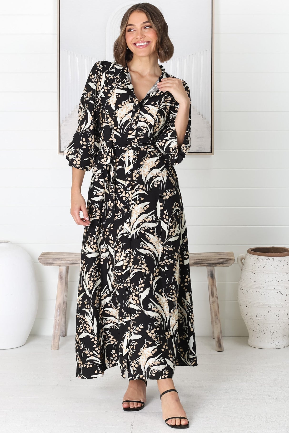 Rossa Maxi Dress: Button Down A Line Dress with Belt in Rejina Print