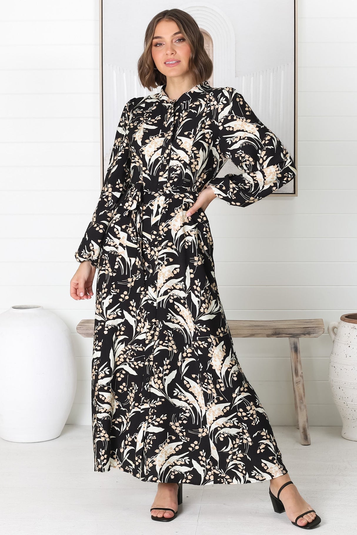 Rossa Maxi Dress: Button Down A Line Dress with Belt in Rejina Print