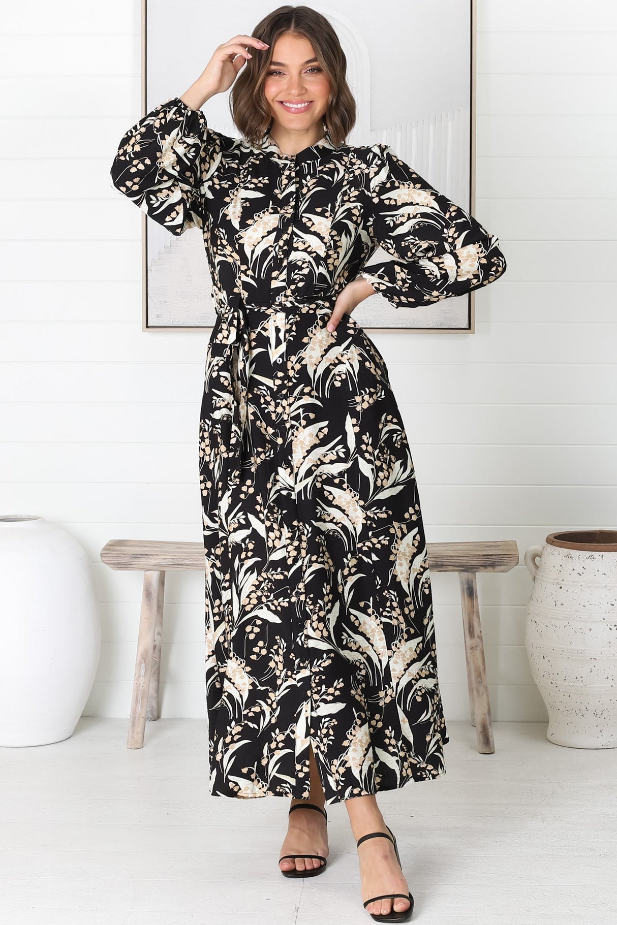 Rossa Maxi Dress: Button Down A Line Dress with Belt in Rejina Print