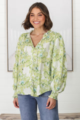 Moree Blouse - Frill Collar Neck Tie Button Down Blouse in Franc Print Lime