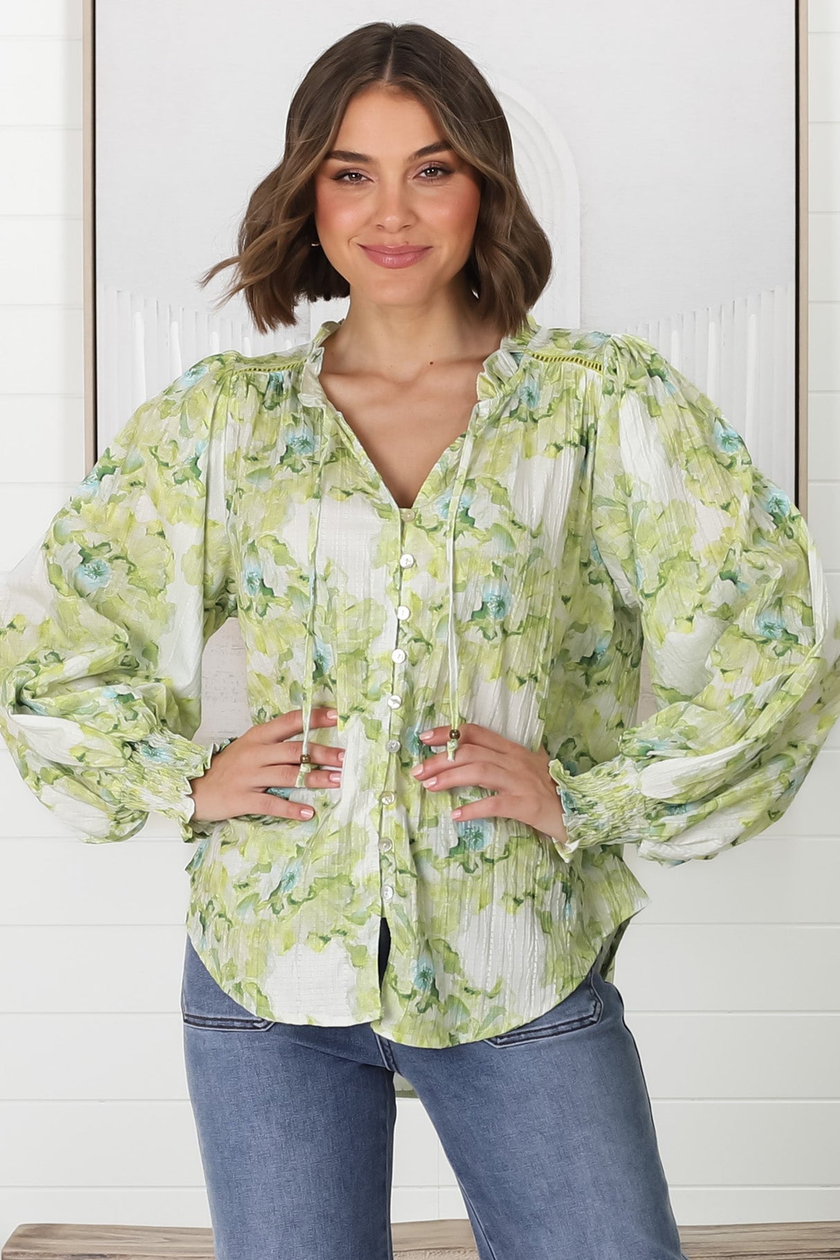 Moree Blouse - Frill Collar Neck Tie Button Down Blouse in Franc Print Lime