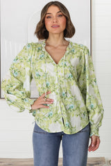 Moree Blouse - Frill Collar Neck Tie Button Down Blouse in Franc Print Lime