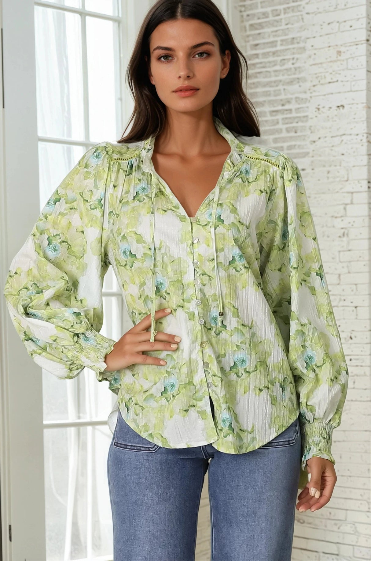 Moree Blouse - Frill Collar Neck Tie Button Down Blouse in Franc Print Lime