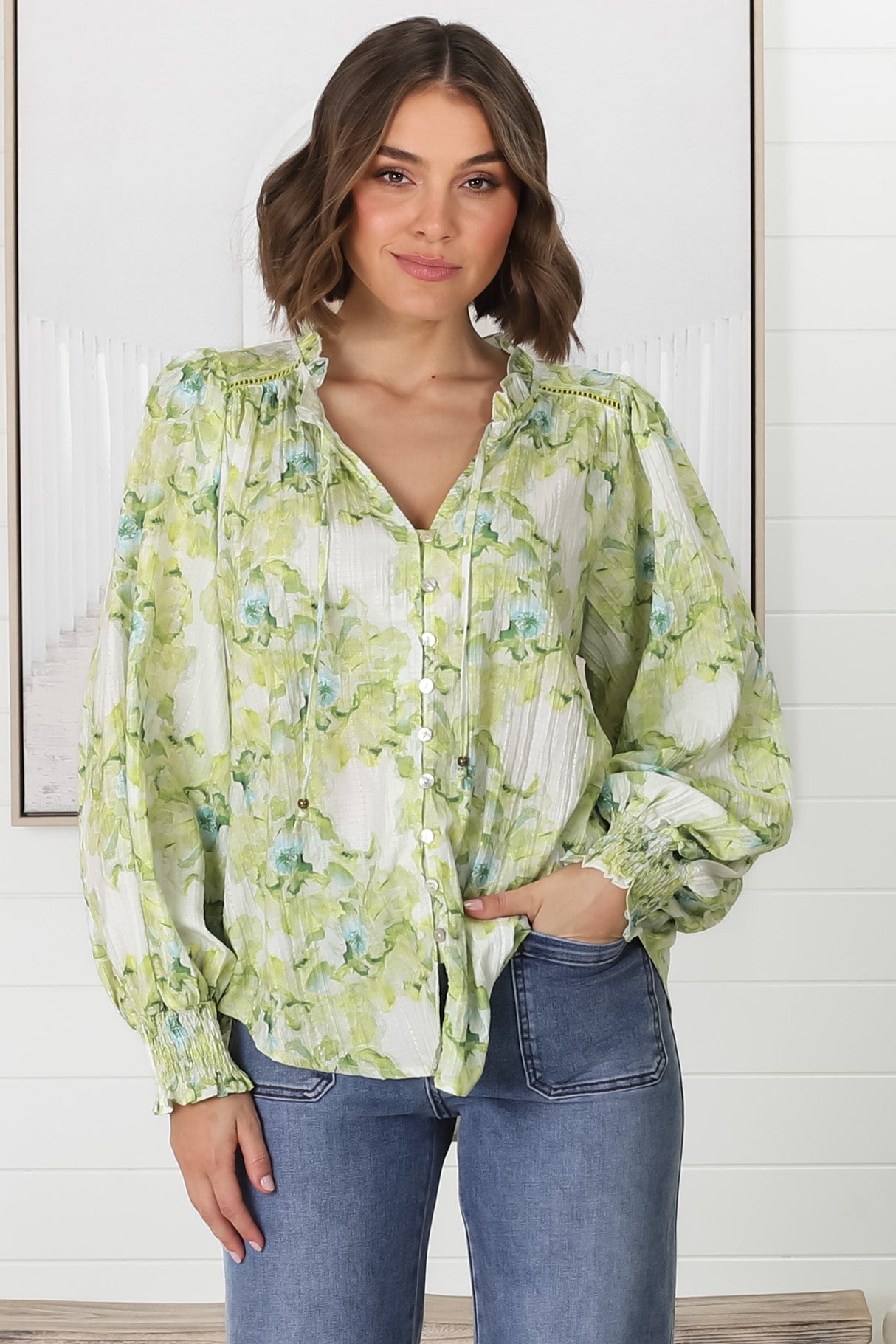 Moree Blouse - Frill Collar Neck Tie Button Down Blouse in Franc Print Lime