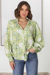 Moree Blouse - Frill Collar Neck Tie Button Down Blouse in Franc Print Lime