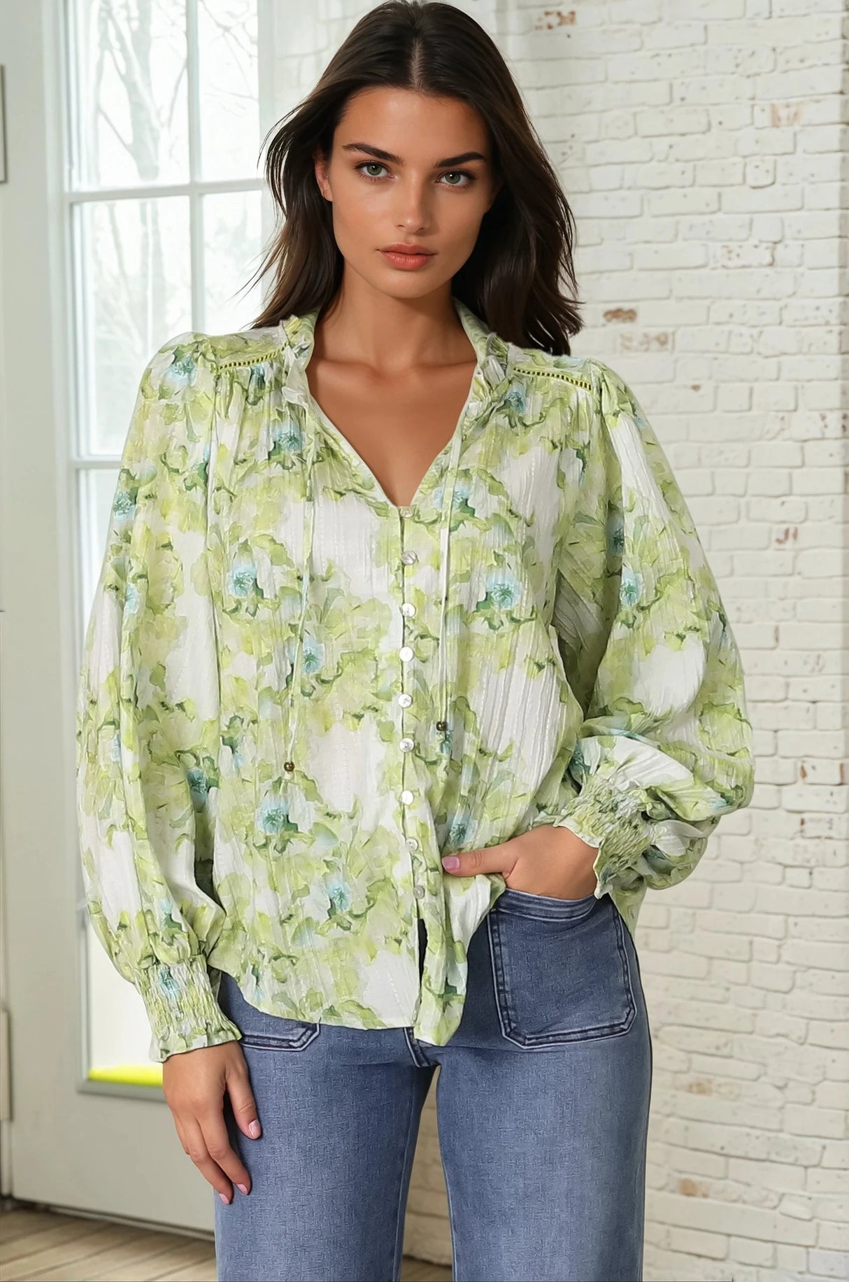 Moree Blouse - Frill Collar Neck Tie Button Down Blouse in Franc Print Lime