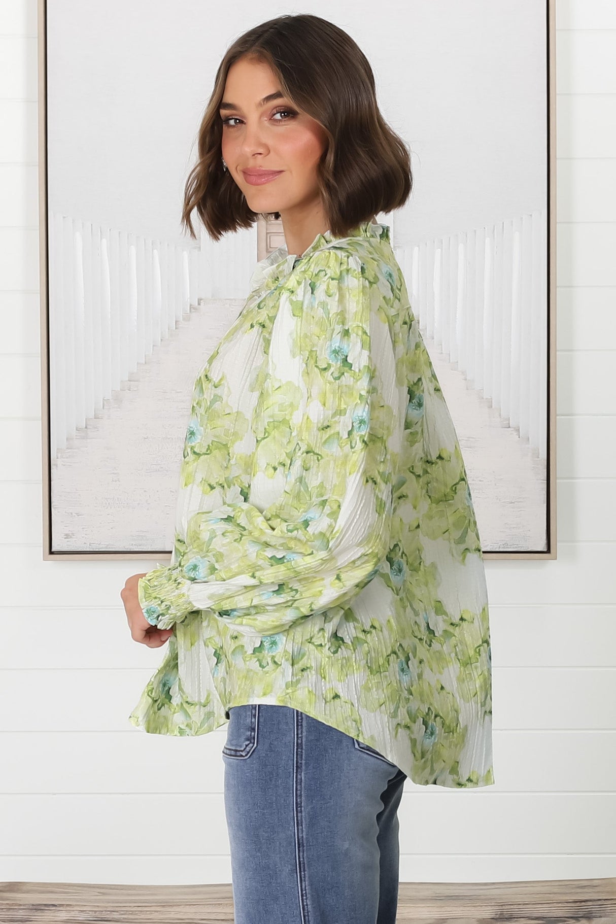 Moree Blouse - Frill Collar Neck Tie Button Down Blouse in Franc Print Lime