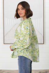 Moree Blouse - Frill Collar Neck Tie Button Down Blouse in Franc Print Lime