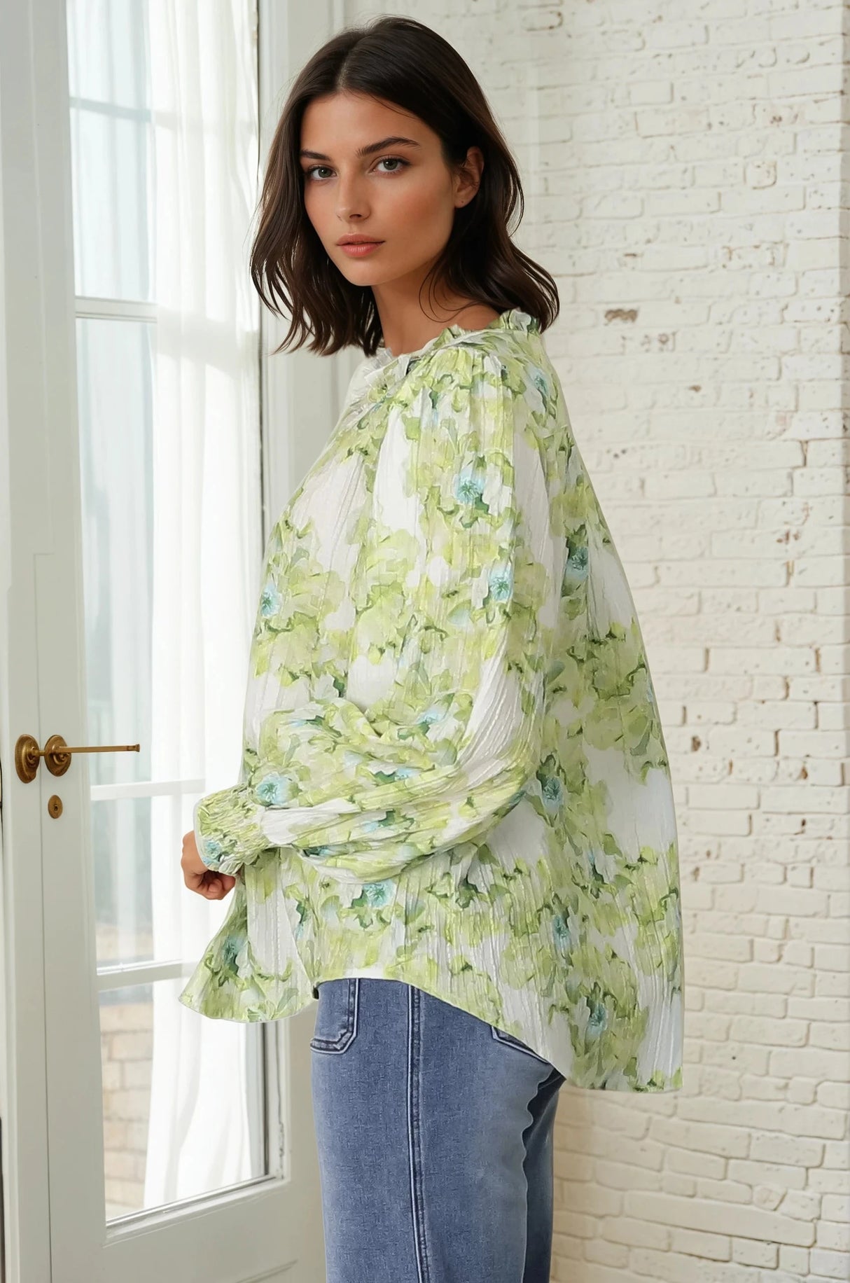 Moree Blouse - Frill Collar Neck Tie Button Down Blouse in Franc Print Lime