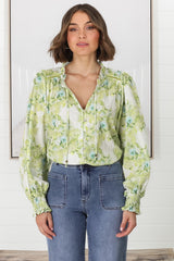 Moree Blouse - Frill Collar Neck Tie Button Down Blouse in Franc Print Lime