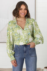 Moree Blouse - Frill Collar Neck Tie Button Down Blouse in Franc Print Lime