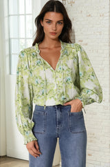 Moree Blouse - Frill Collar Neck Tie Button Down Blouse in Franc Print Lime