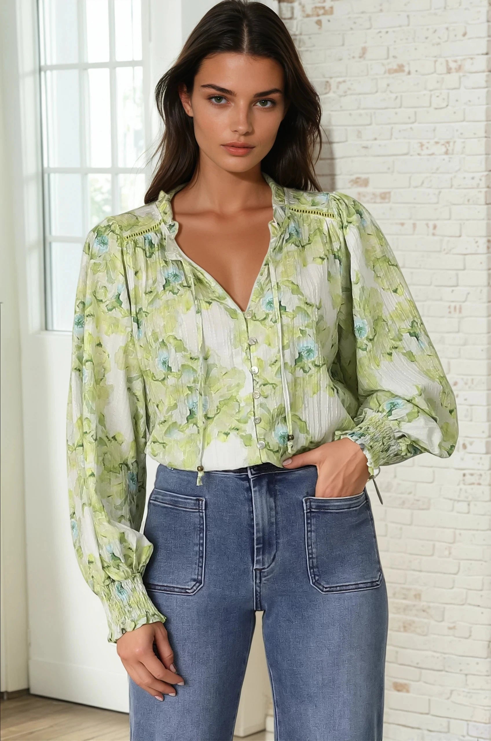 Moree Blouse Frill Collar Neck Tie Button Down Shirt Franc Print Lime