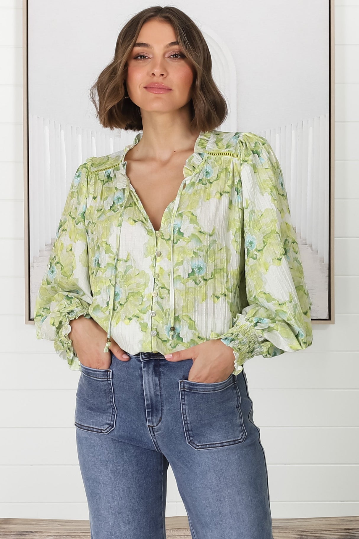 Moree Blouse - Frill Collar Neck Tie Button Down Blouse in Franc Print Lime