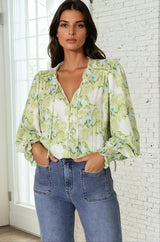 Moree Blouse - Frill Collar Neck Tie Button Down Shirt in Franc Print Lime