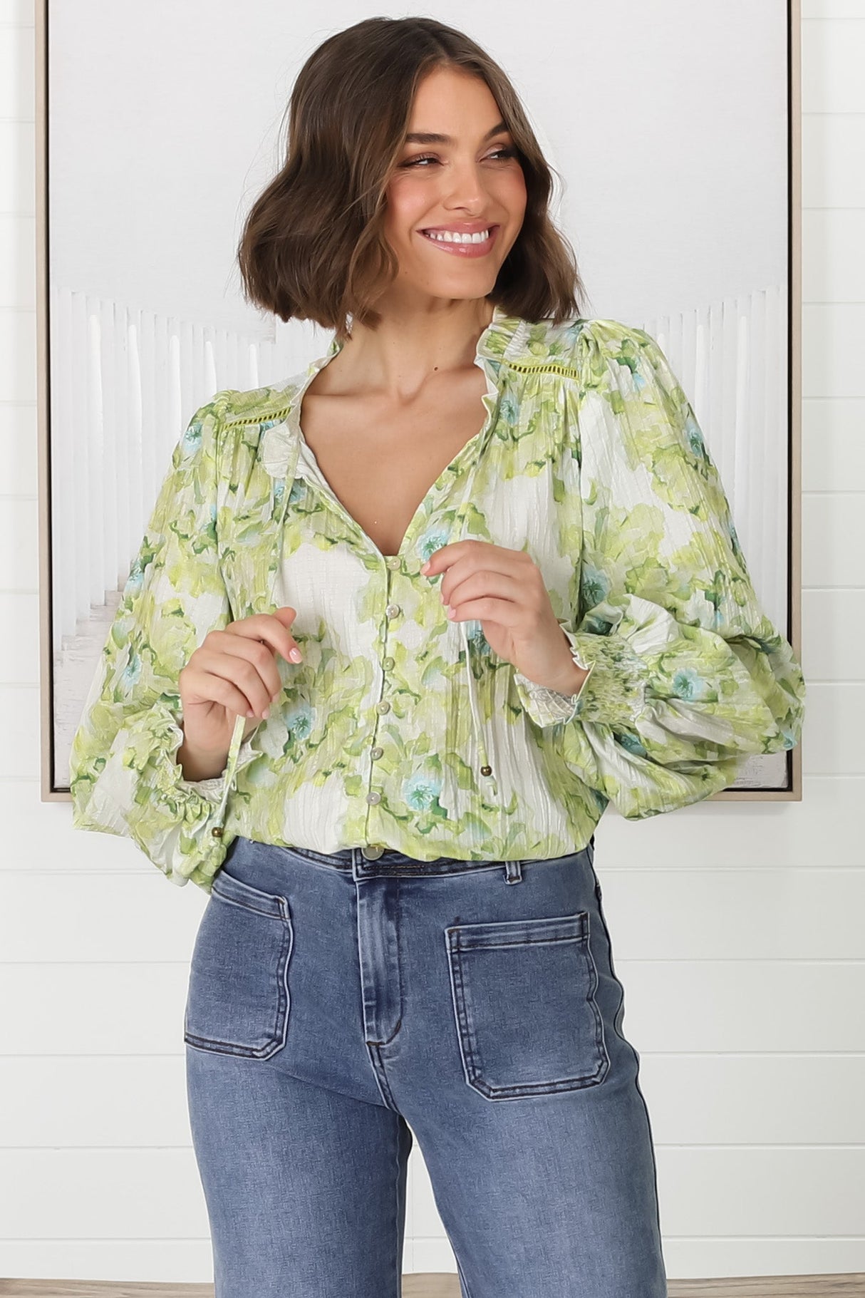 Moree Blouse - Frill Collar Neck Tie Button Down Blouse in Franc Print Lime