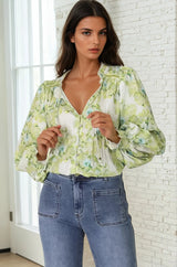 Moree Blouse - Frill Collar Neck Tie Button Down Blouse in Franc Print Lime