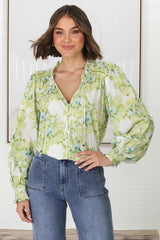 Moree Blouse - Frill Collar Neck Tie Button Down Blouse in Franc Print Lime