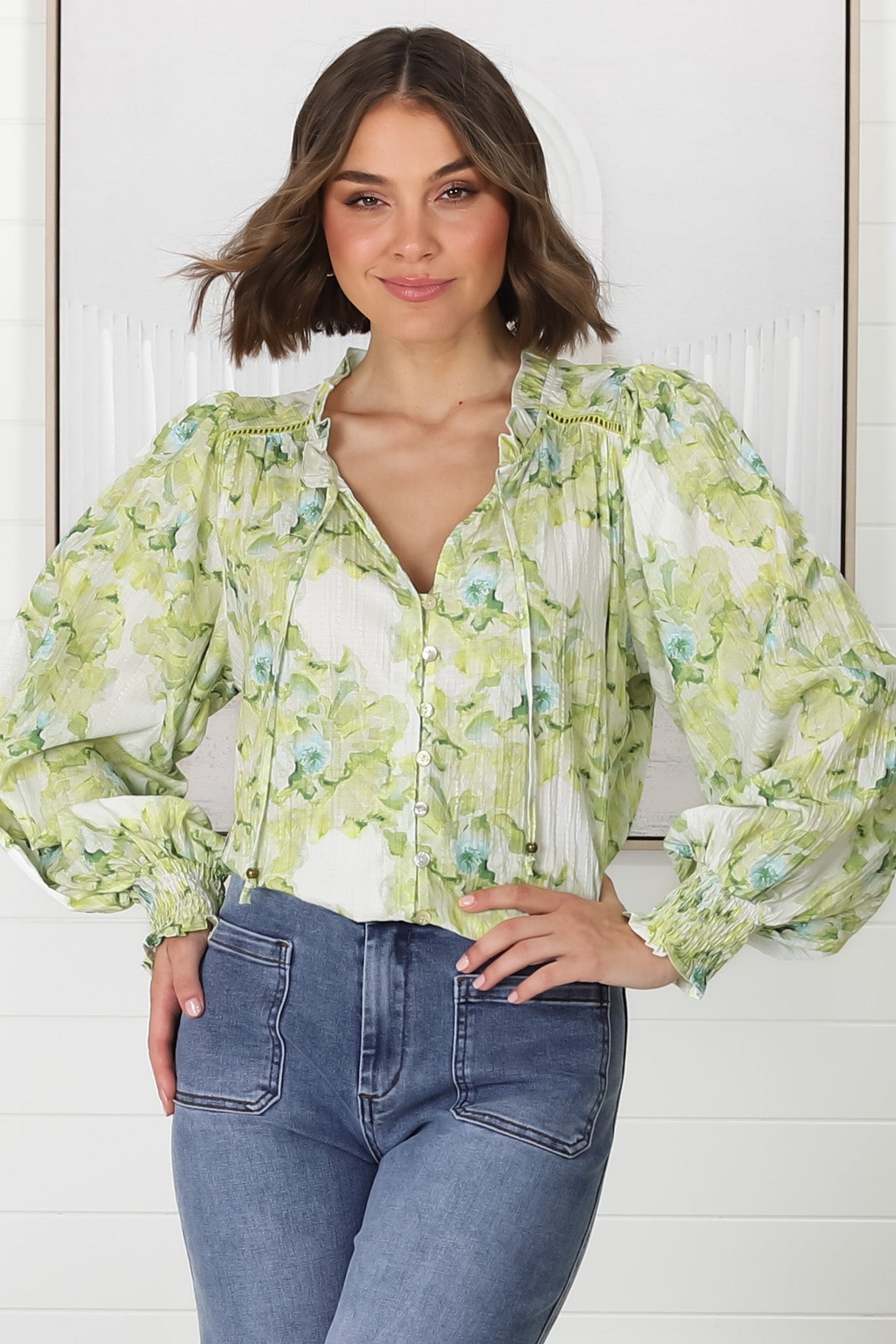 Moree Blouse - Frill Collar Neck Tie Button Down Blouse in Franc Print Lime