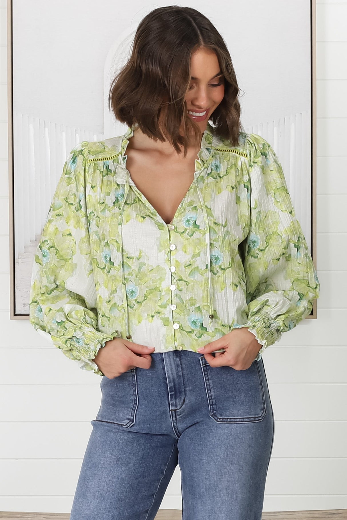 Moree Blouse - Frill Collar Neck Tie Button Down Blouse in Franc Print Lime