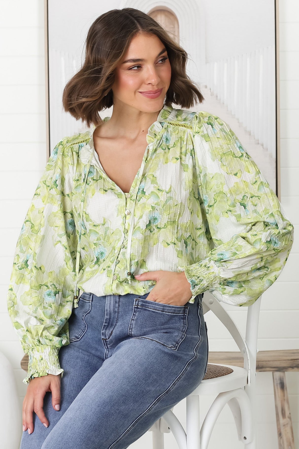 Moree Blouse - Frill Collar Neck Tie Button Down Blouse in Franc Print Lime