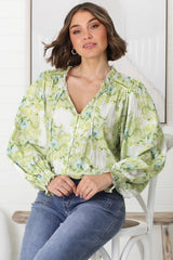 Moree Blouse - Frill Collar Neck Tie Button Down Blouse in Franc Print Lime