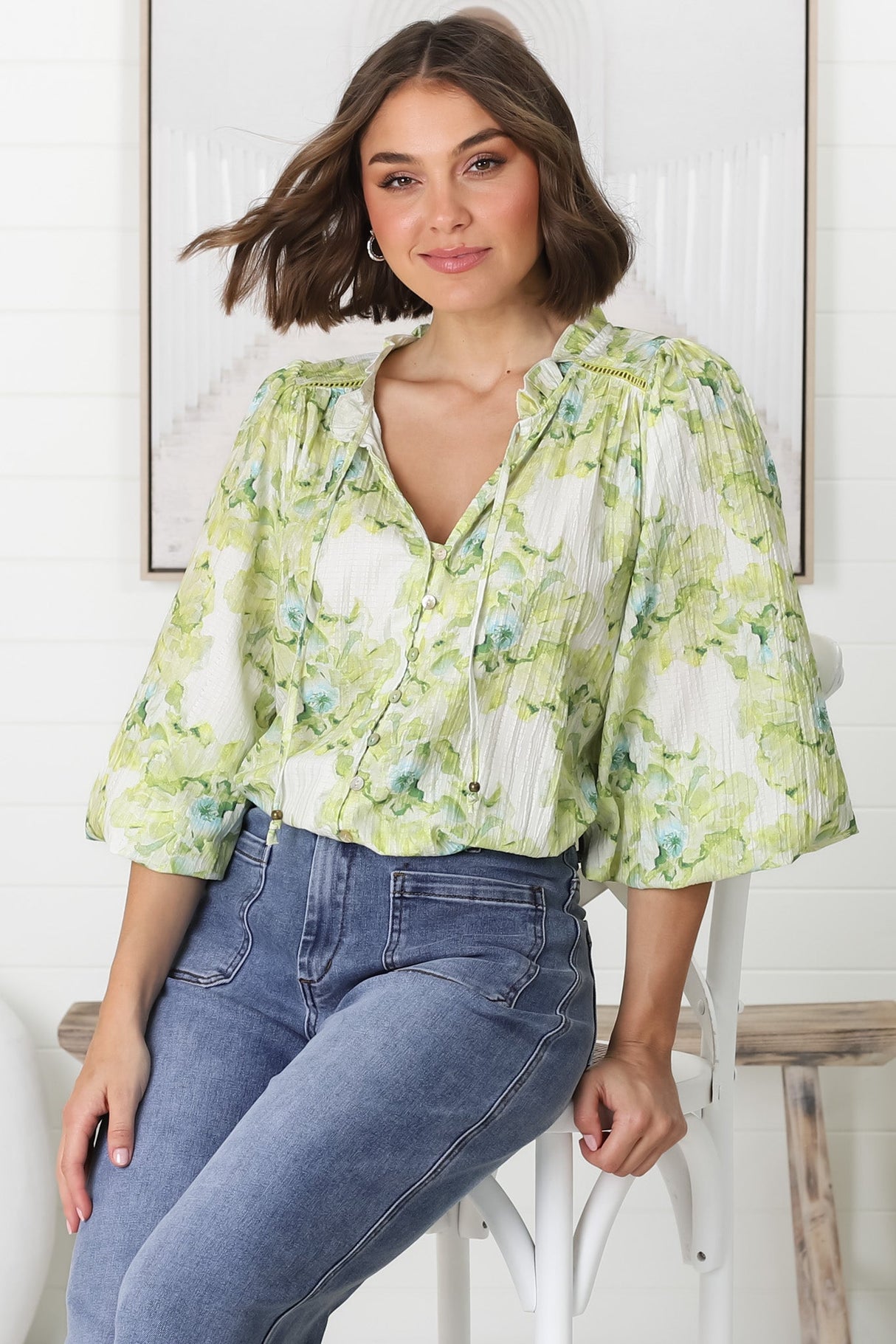 Moree Blouse - Frill Collar Neck Tie Button Down Blouse in Franc Print Lime