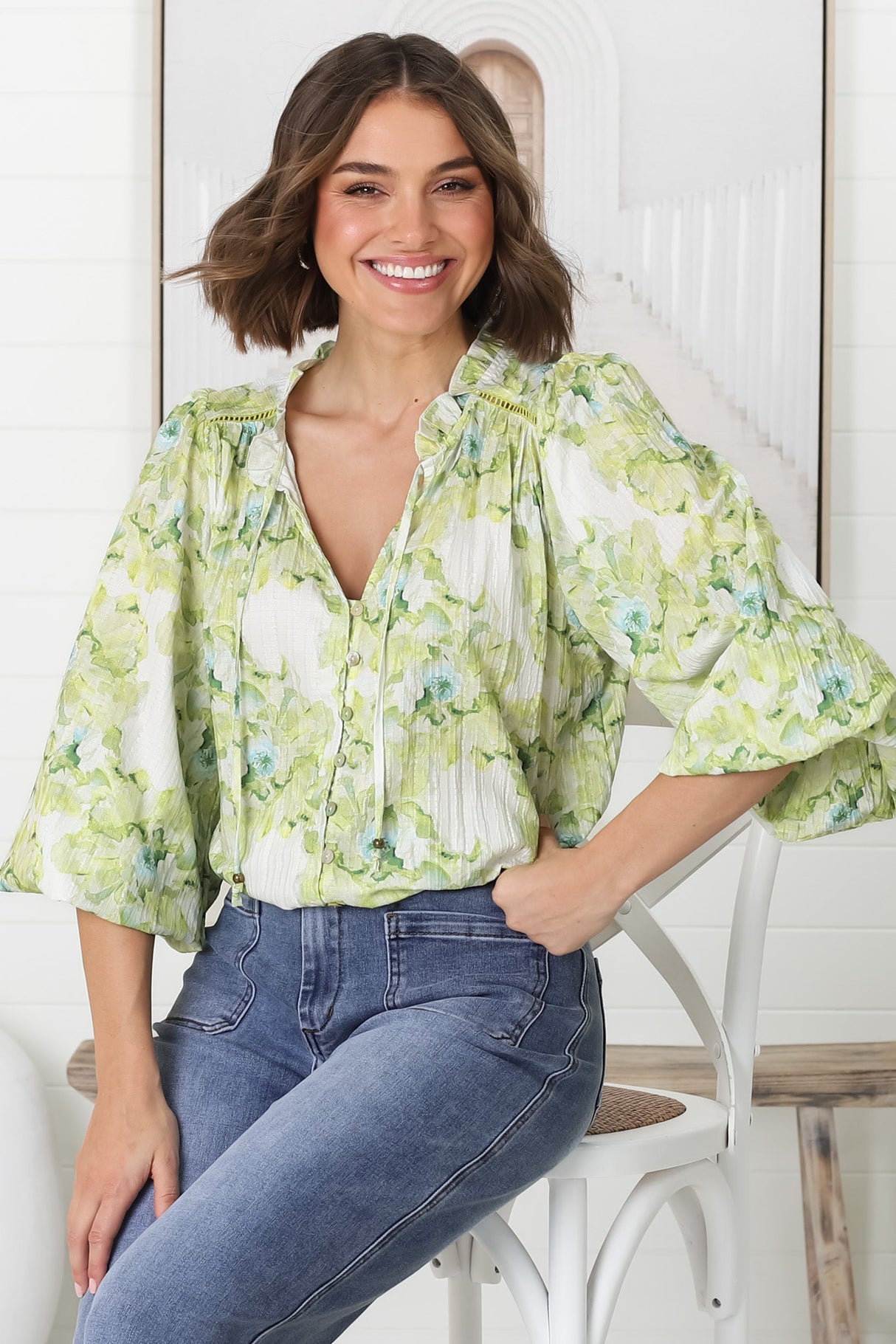 Moree Blouse - Frill Collar Neck Tie Button Down Blouse in Franc Print Lime