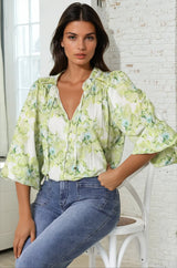 Moree Blouse - Frill Collar Neck Tie Button Down Shirt in Franc Print Lime