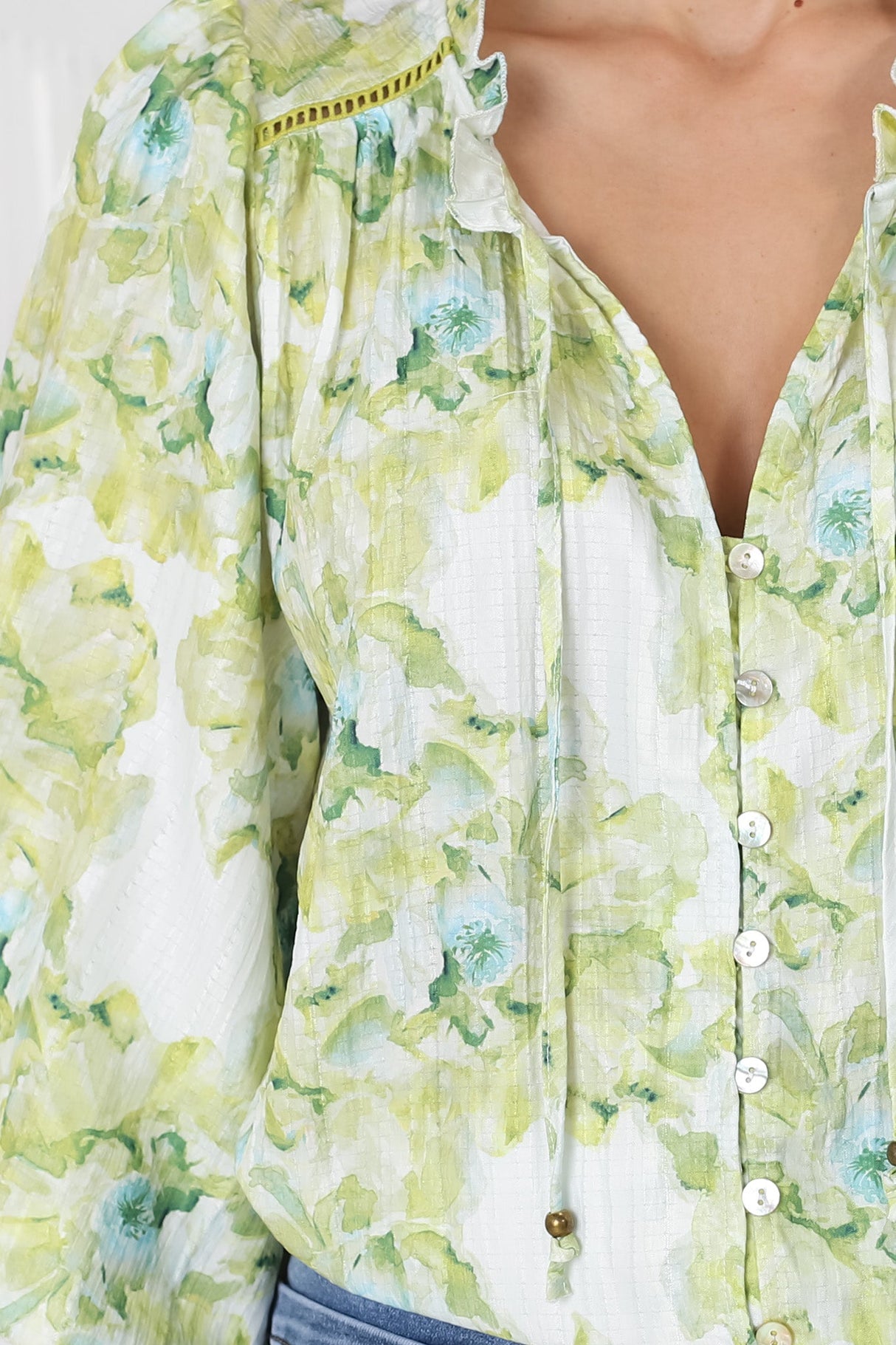 Moree Blouse - Frill Collar Neck Tie Button Down Blouse in Franc Print Lime