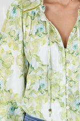 Moree Blouse - Frill Collar Neck Tie Button Down Blouse in Franc Print Lime