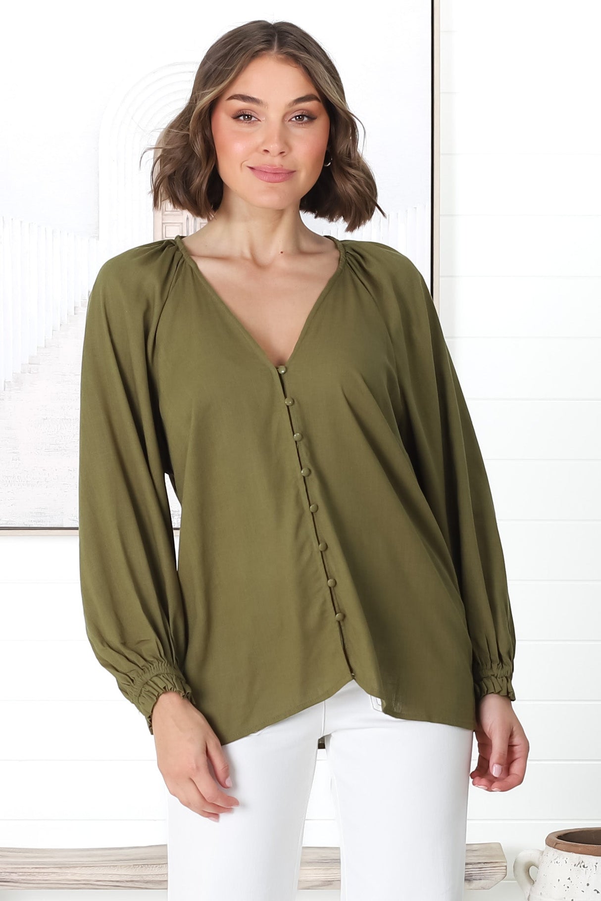 Ingra Blouse - Linen Blend V Neck Button Down Blouse in Olive