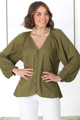 Ingra Blouse - Linen Blend V Neck Button Down Blouse in Olive