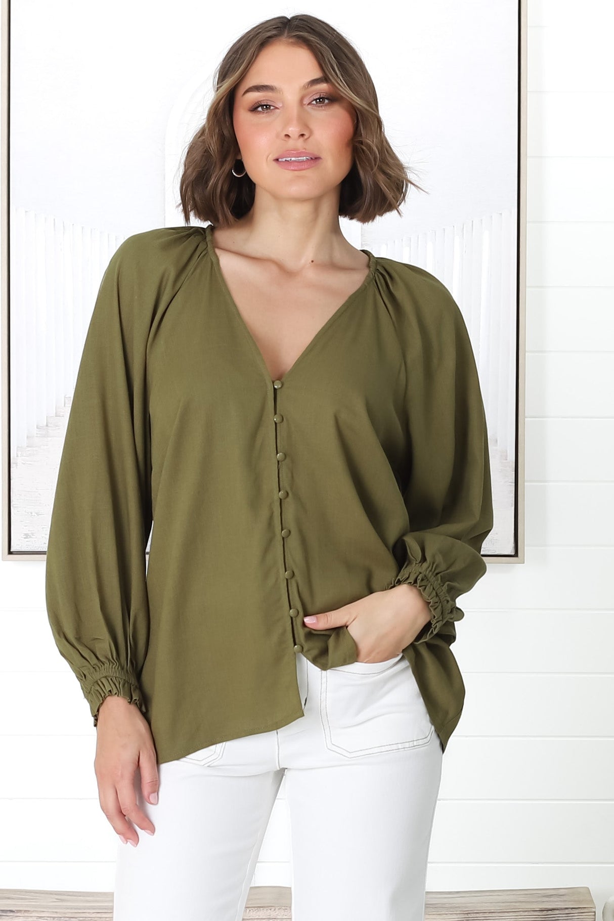 Ingra Blouse - Linen Blend V Neck Button Down Blouse in Olive