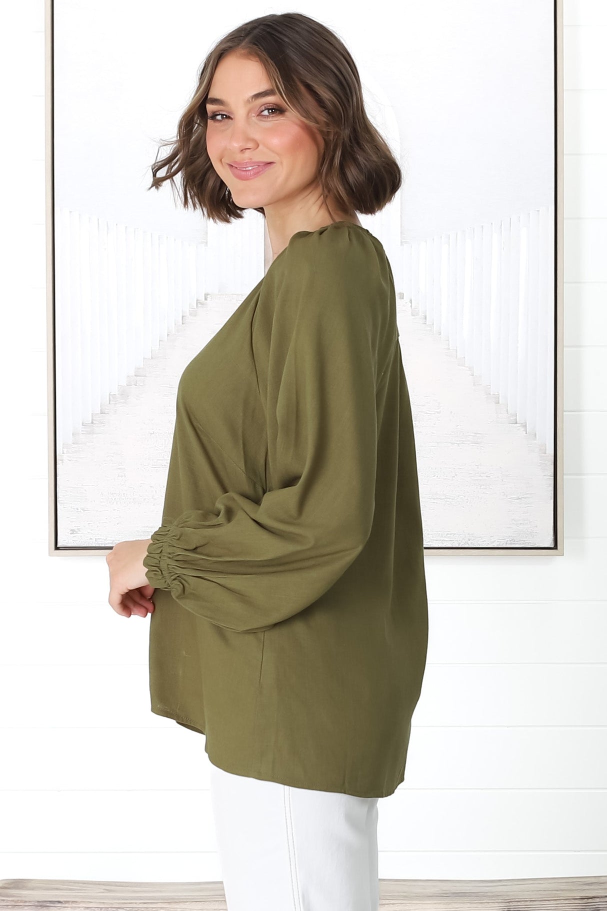 Ingra Blouse - Linen Blend V Neck Button Down Blouse in Olive